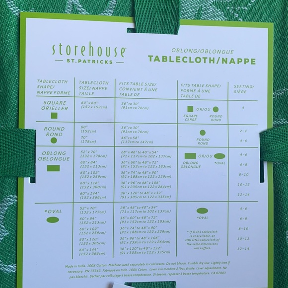 Storehouse St Patrick’s Day Green White 3 Leaf Clover Tablecloth 60”x84” Cotton - Picture 3 of 3